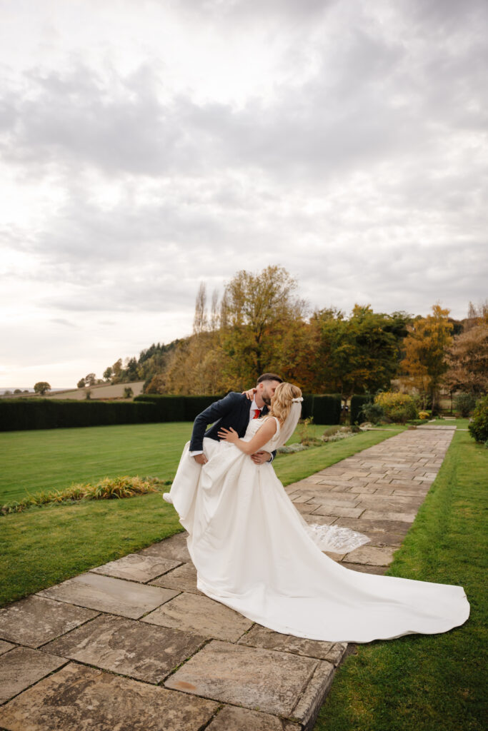 blue hour formal portraits at brinsop court for autumn wedding by hereford wedding photographer