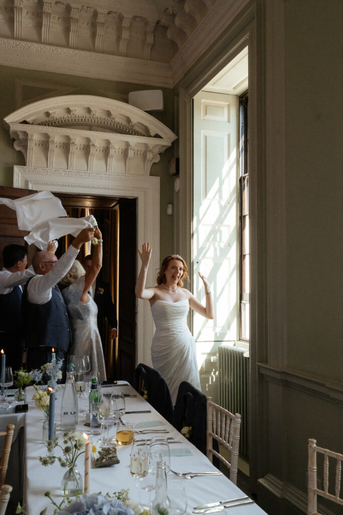 Davenport House wedding photos taken by Cotswolds wedding photographer at wedding reception in dining room