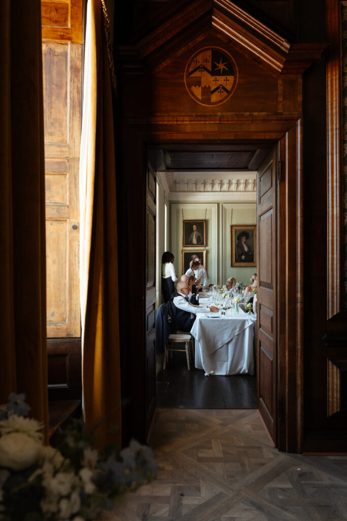 Davenport House wedding photos taken by Cotswolds wedding photographer at wedding reception in dining room