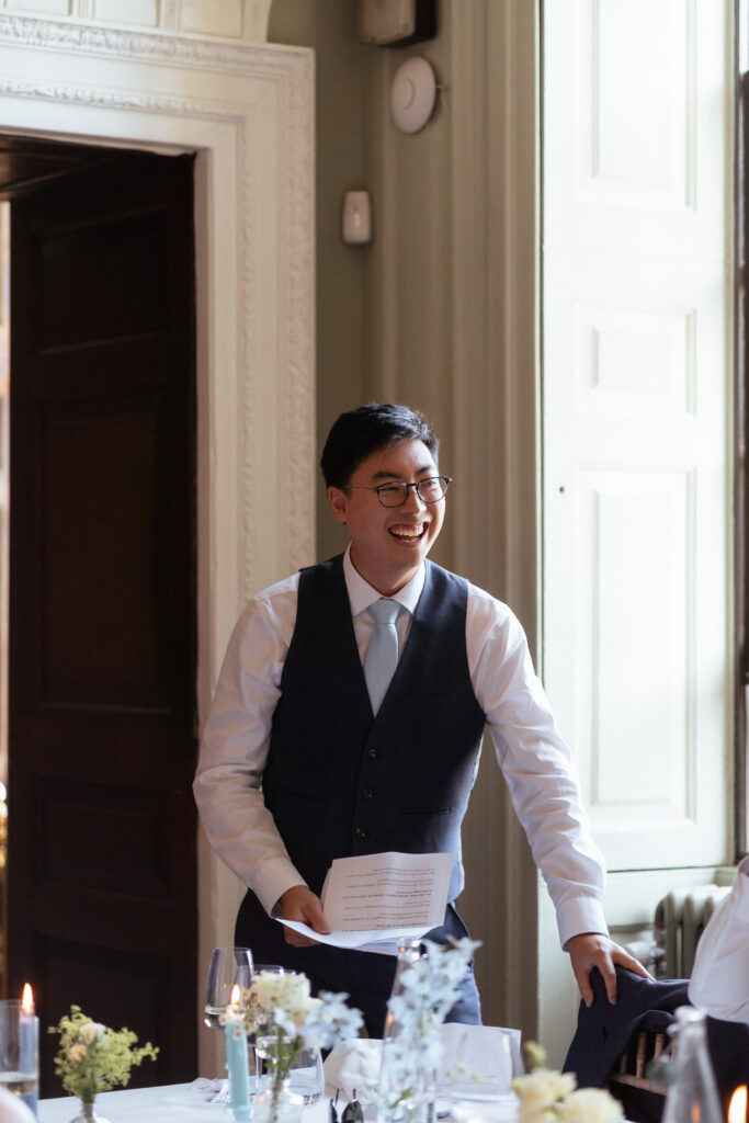 Davenport House wedding photos taken by Cotswolds wedding photographer at wedding reception in dining room