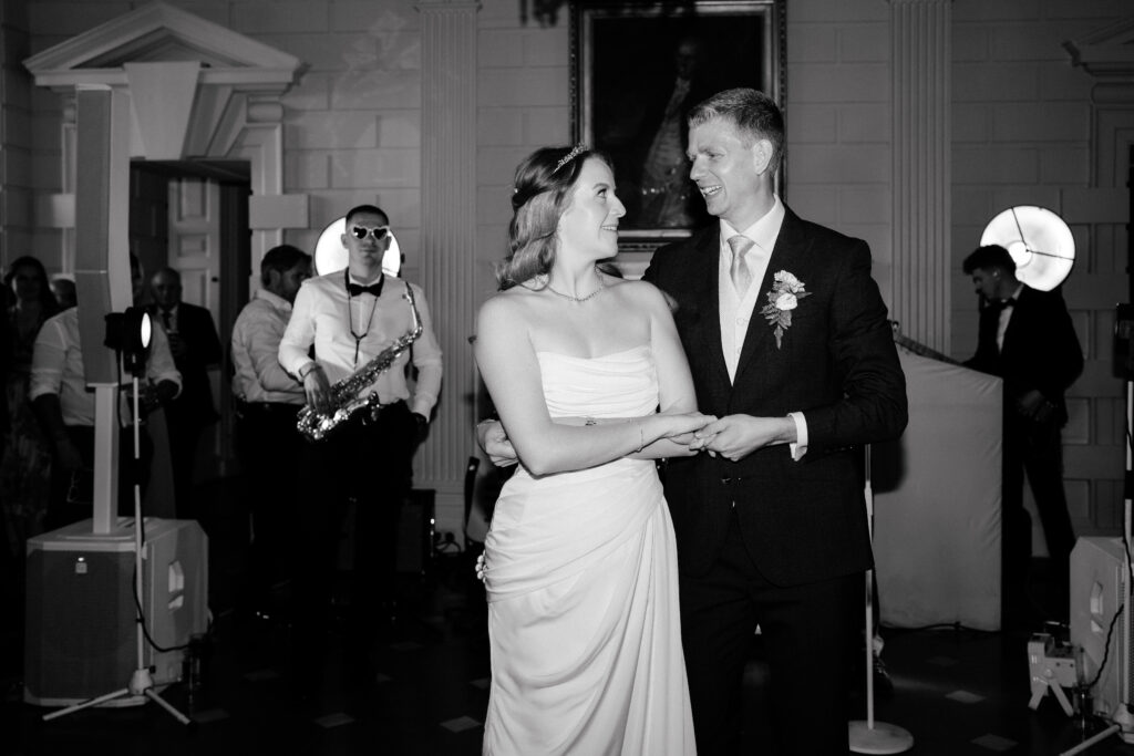 Davenport House wedding photos taken by Cotswolds wedding photographer at evening dancefloor for first dance