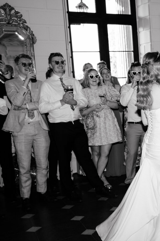 Davenport House wedding photos taken by Cotswolds wedding photographer at evening dancefloor for first dance