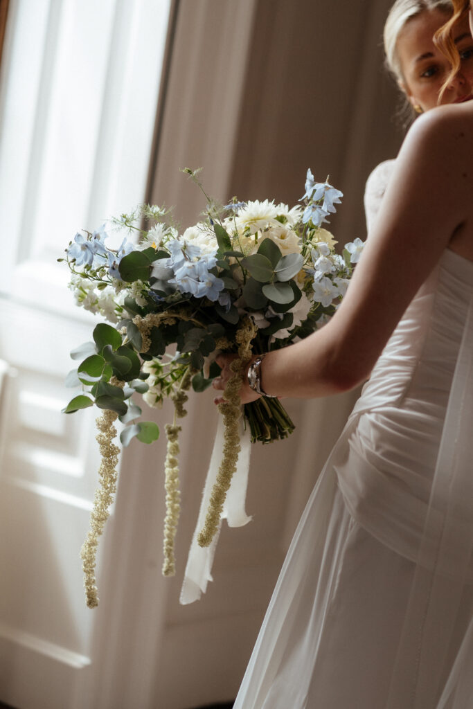 Davenport House wedding photos taken by Cotswolds wedding photographer at bridal prep in honeymoon suite.