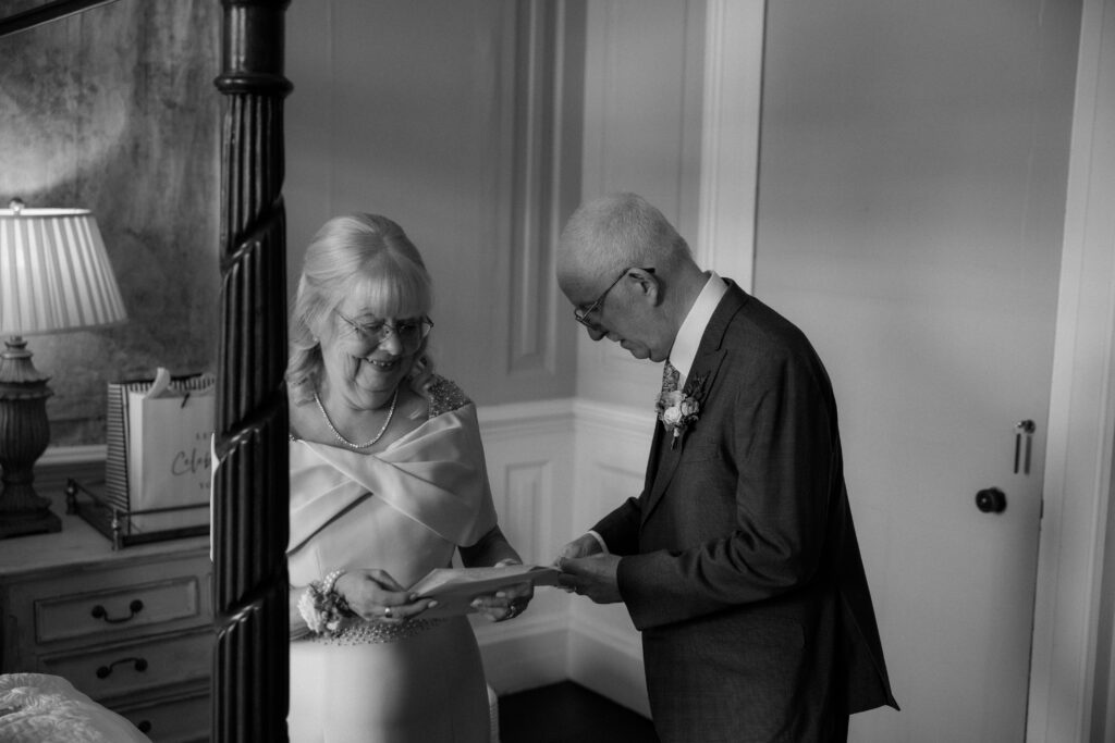 Davenport House wedding photos taken by Cotswolds wedding photographer at bridal prep in honeymoon suite.