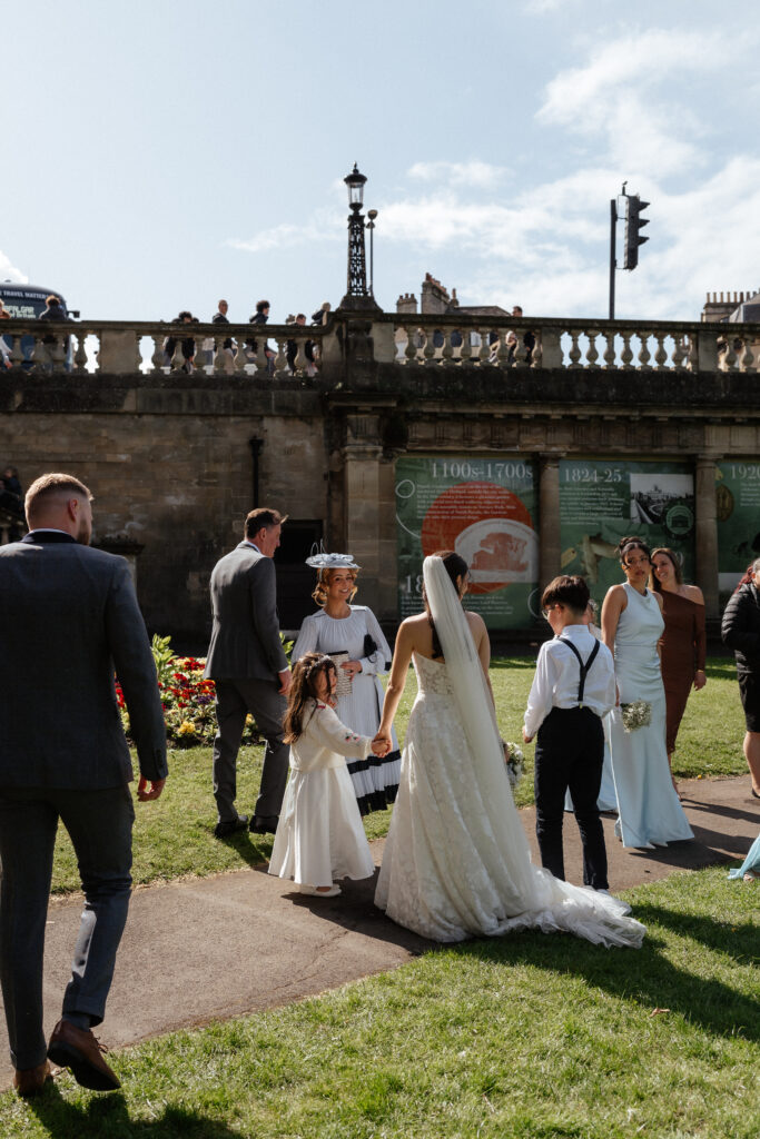 group photos in parade gardens for bath wedding photographed by Cotswolds wedding photographer